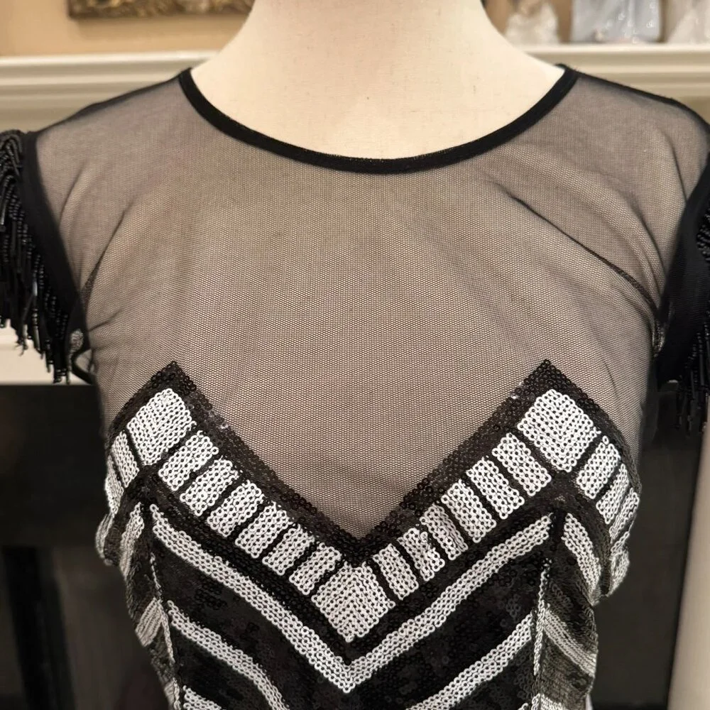 GUESS Black & Silver Sequin Fringe Sleeve Dress – Women’s Small